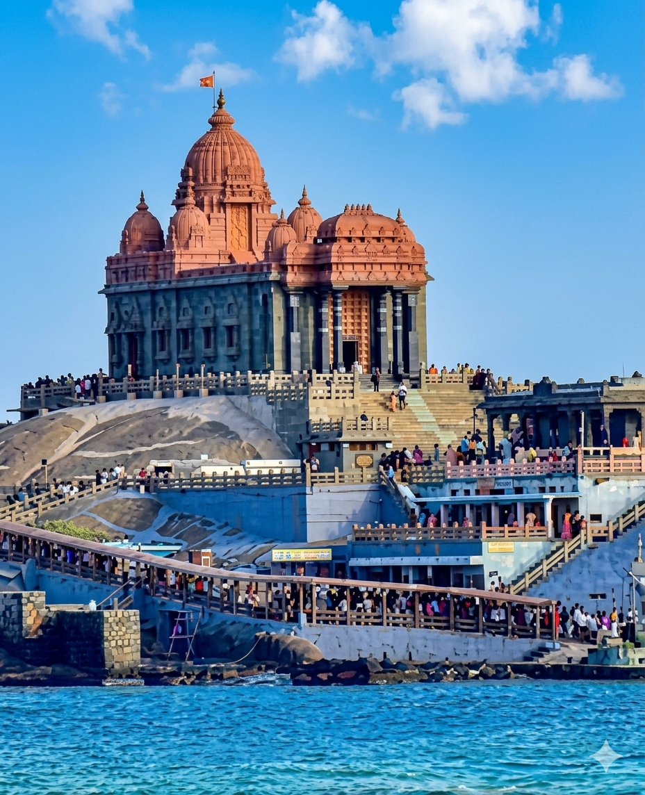 Vivekananda Rock Memorial rising from the sea at Kanyakumari